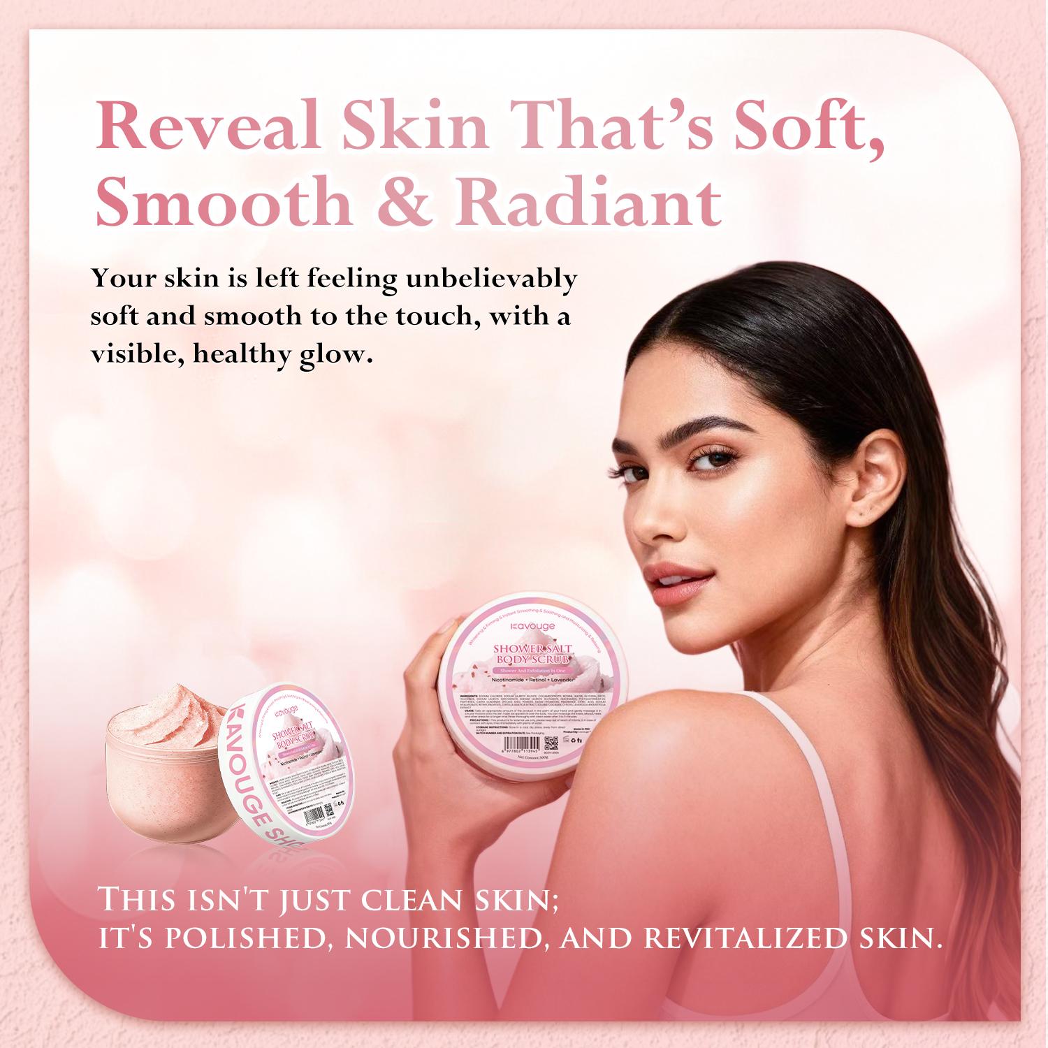 A Kavouge Shower Salt Body Scrub Exfoliating Niacinamide Retinol Lavender Extract Centella Whitening Firming Smoothing Soothing Relaxing 300g