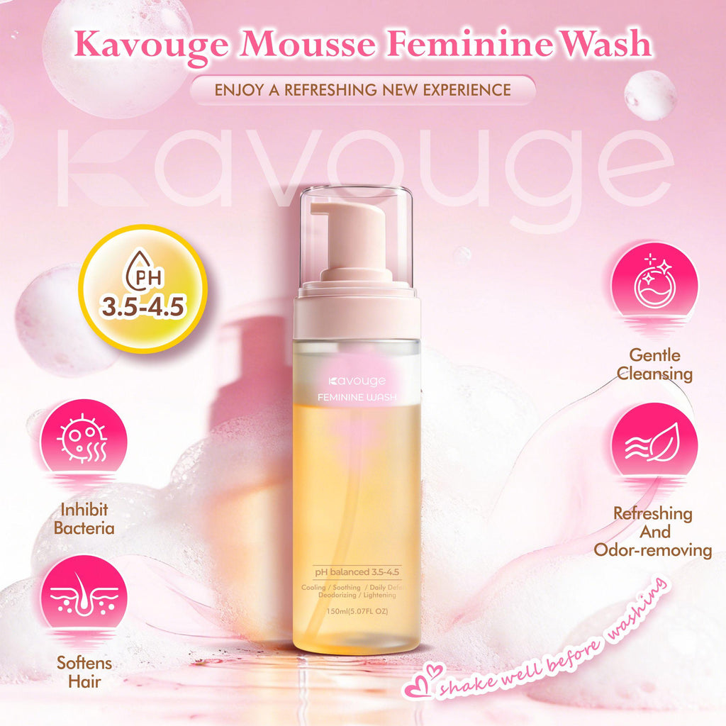 Kavouge Mousse Feminine Wash Foaming Sunflower Seed Oil Meadowfoam Seed Oil Gentle Cleaning Refreshing Odor-Removing Inhibit Bacteria pH 3.5-4.5 Feminine Care
