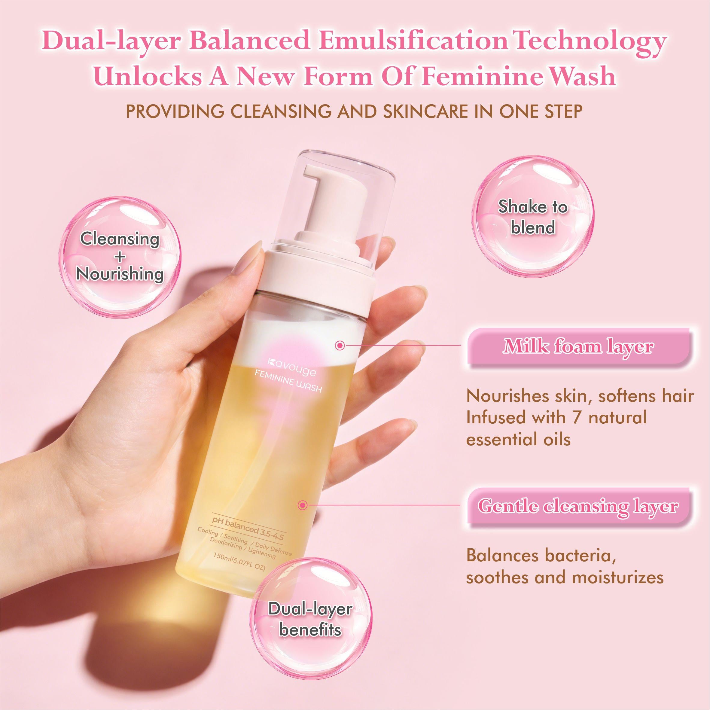 New Kavouge Mousse Feminine Wash + Soap + Scrub Gentle Cleaning Refreshing Odor-Removing Inhibit Bacteria pH 3.5-4.5 Feminine Care for Whitening