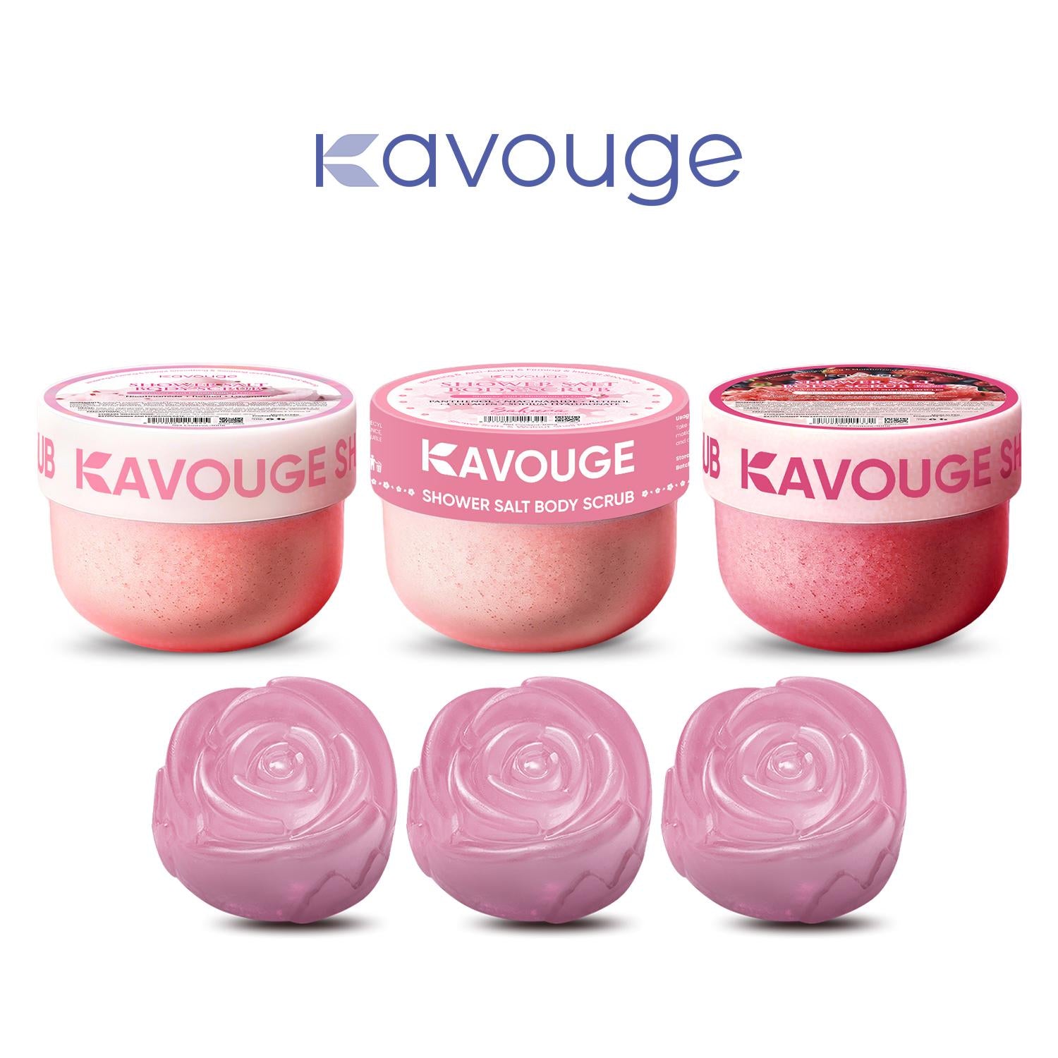 Kavouge 20X Whitening Bundle - Kavouge Shower Scrub & Rose Bleaching Soap for Deep Cleansing & Gentle Exfoliation