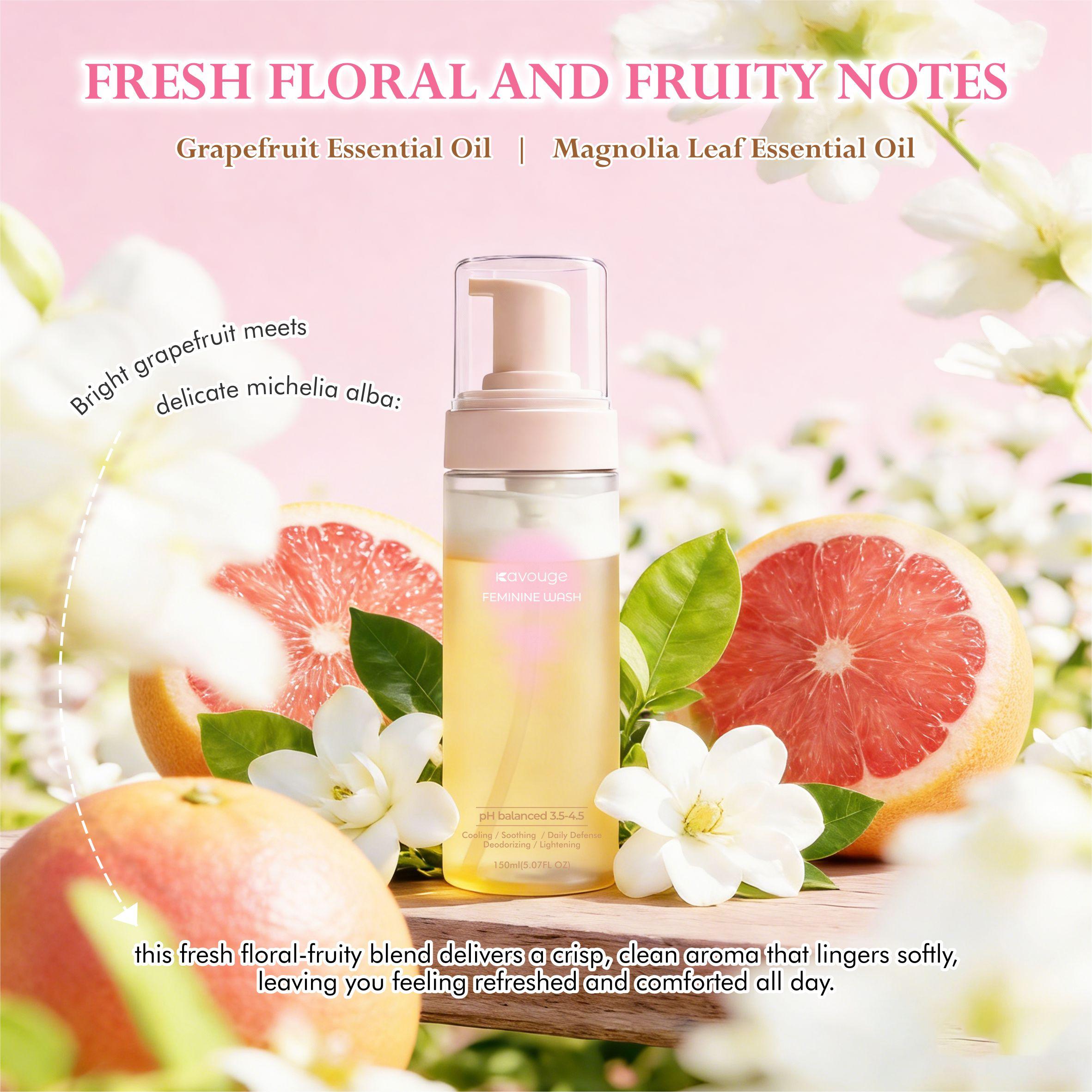 Kavouge Mousse Feminine Wash Foaming Sunflower Seed Oil Meadowfoam Seed Oil Gentle Cleaning Refreshing Odor-Removing Inhibit Bacteria pH 3.5-4.5 Feminine Care