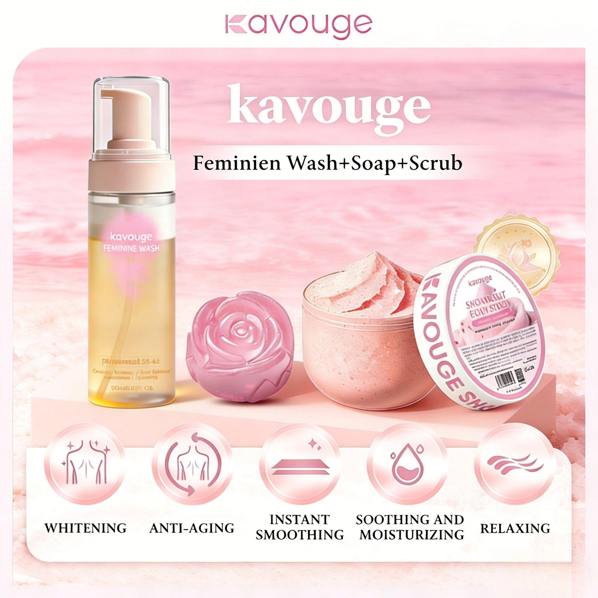 New Kavouge Mousse Feminine Wash + Soap + Scrub Gentle Cleaning Refreshing Odor-Removing Inhibit Bacteria pH 3.5-4.5 Feminine Care for Whitening