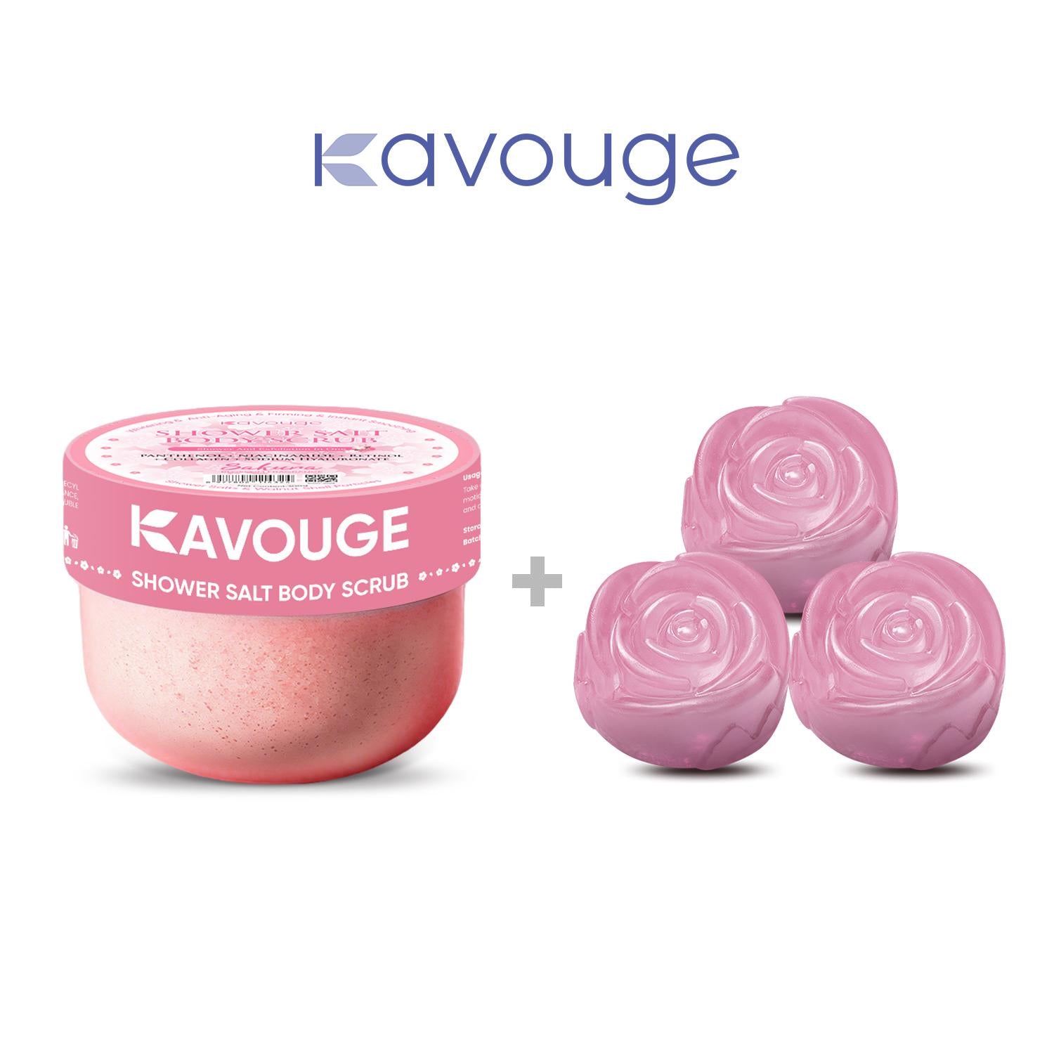 Kavouge 20X Whitening Bundle - Kavouge Shower Scrub & Rose Bleaching Soap for Deep Cleansing & Gentle Exfoliation