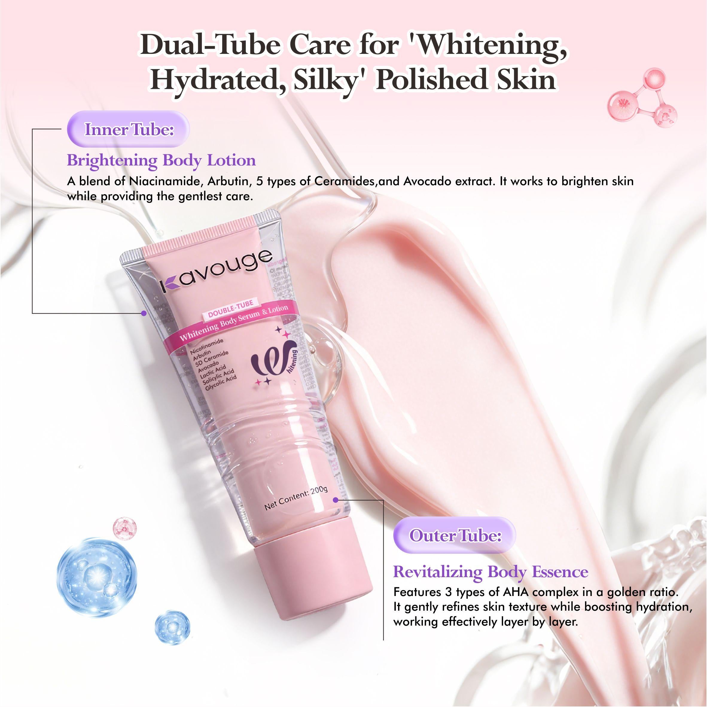 Kavouge Double-tube Whitening Body Serum & Lotion 2in1 Niacinamide Arbutin Ceramides Avocado Extract AHA Complex 1+1>2 Brightening