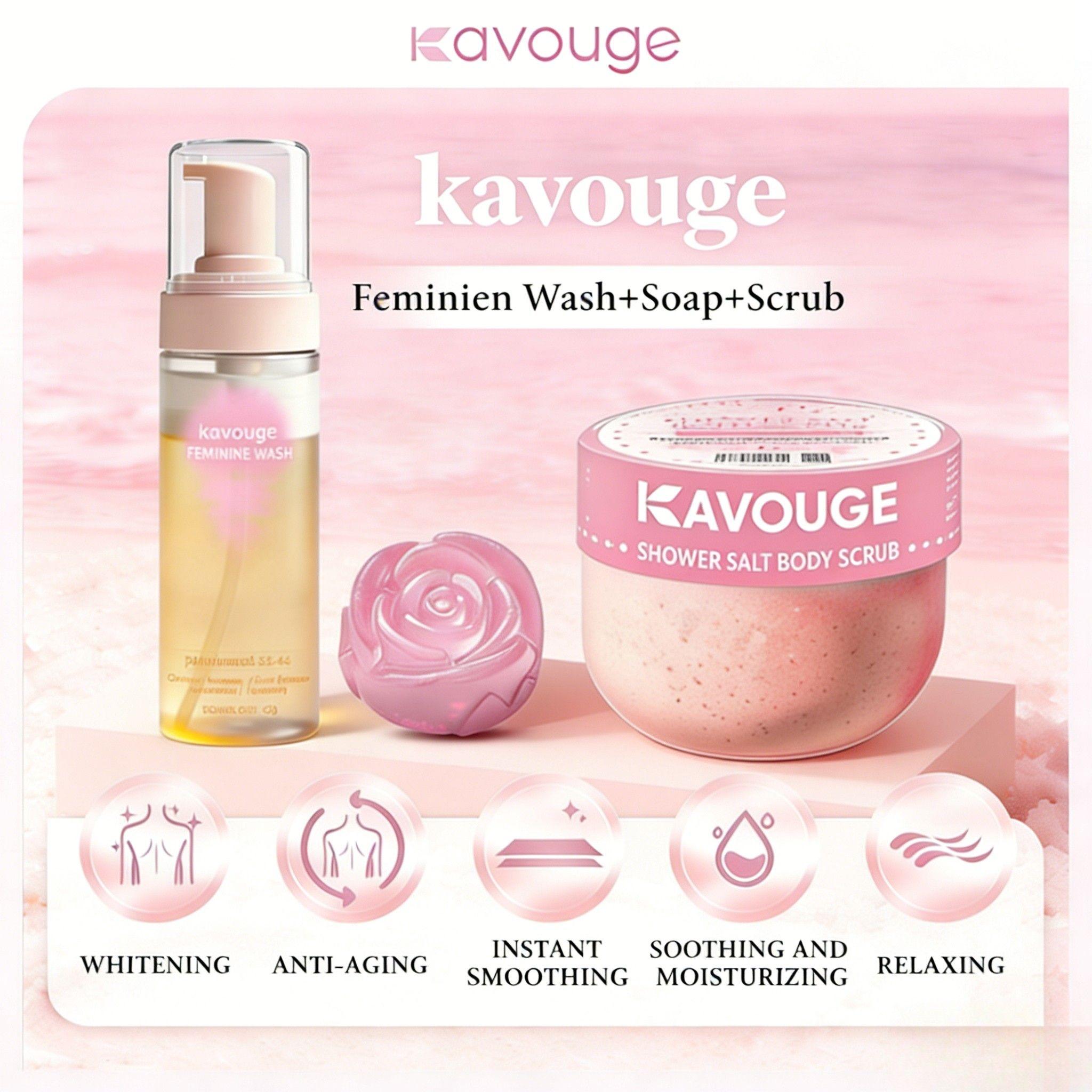 New Kavouge Mousse Feminine Wash + Soap + Scrub Gentle Cleaning Refreshing Odor-Removing Inhibit Bacteria pH 3.5-4.5 Feminine Care for Whitening